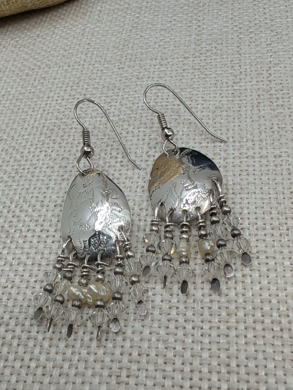 Vintage Artisan Hammered Silver Chandelier Earrings Crystal Bead Fringe 2.5" - Picture 6 of 17